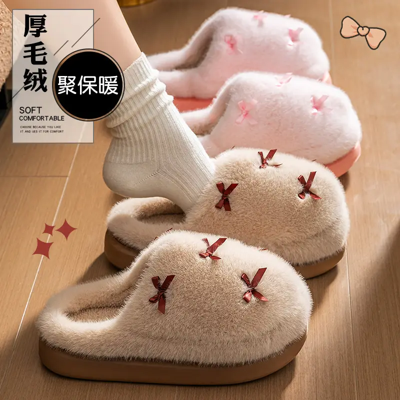 Bow Cotton Slippers for Women, Autumn and Winter Outer Wear 2025 New Fashion Internet Celebrity Super Popular Girl Warm Plush Cotton Slippers - Image 12