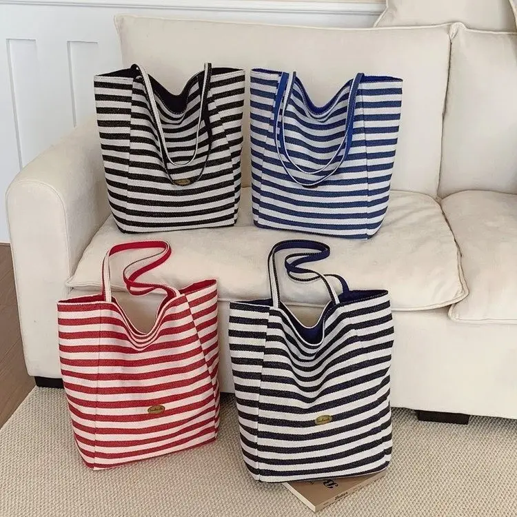Blue Striped Lazy Style Large Tote Bag — feature 2