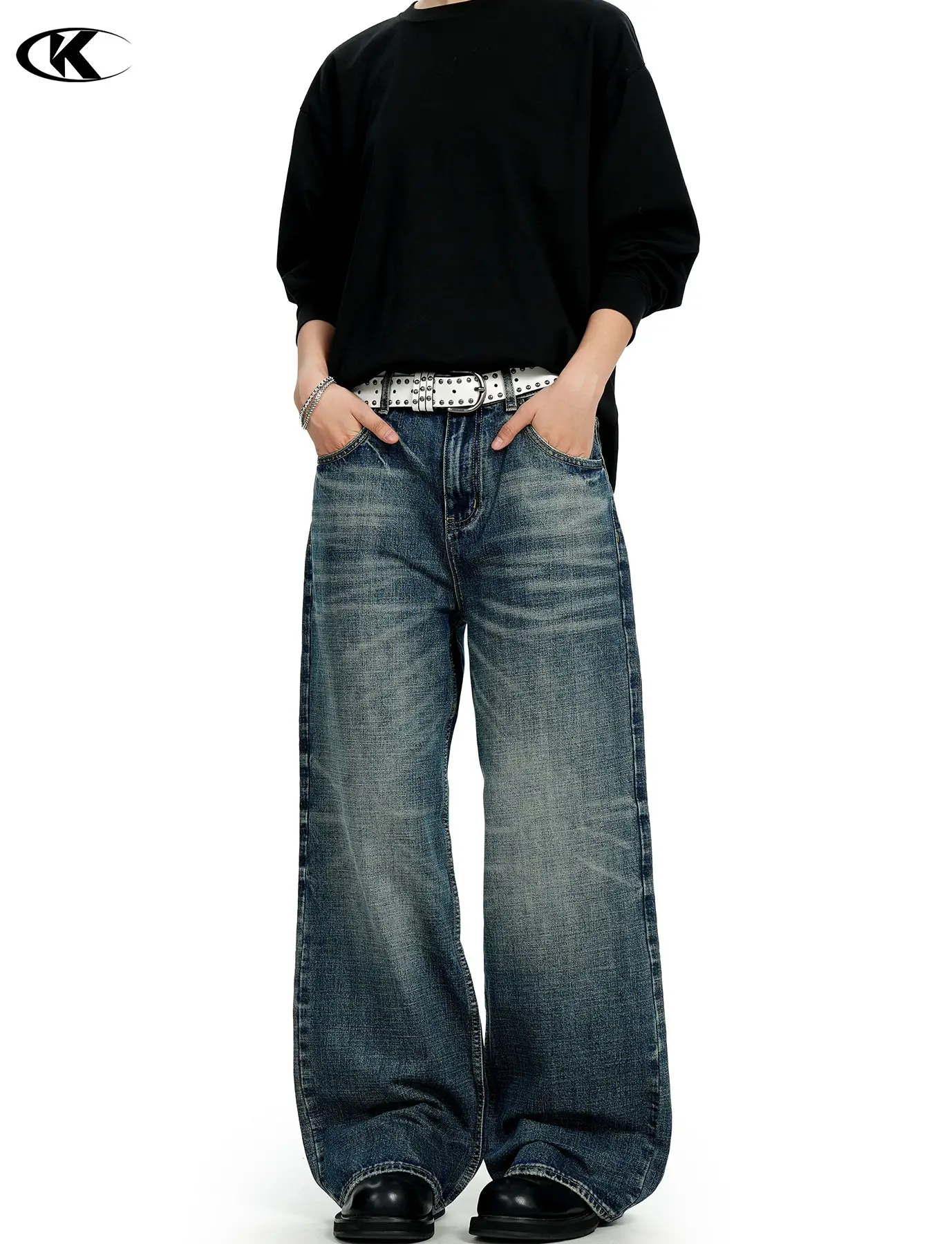 11Kn American Retro Dark Blue Jeans for Men Women Wide Leg Casual Pants