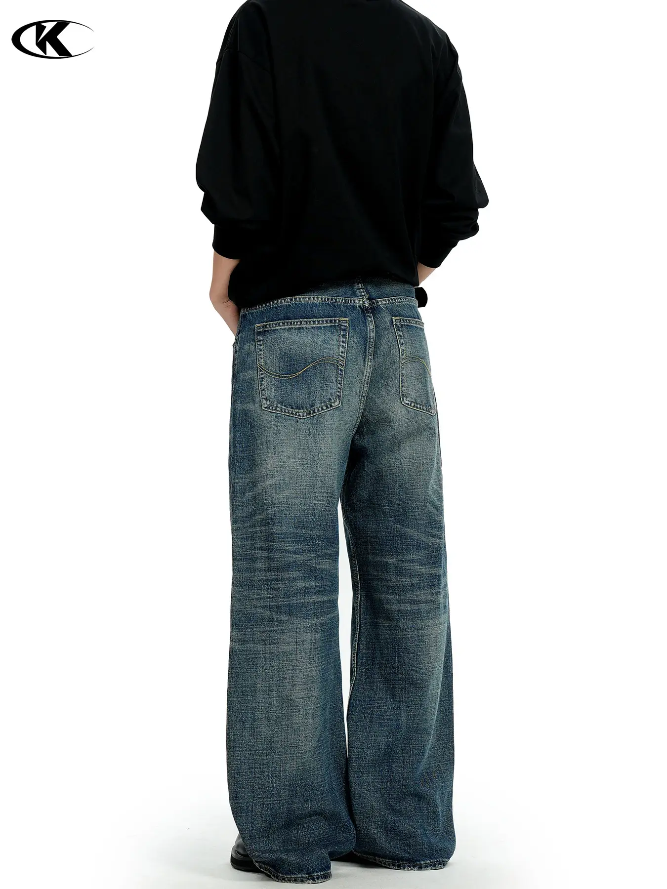 11Kn American Retro Dark Blue Jeans for Men Women Wide Leg Casual Pants