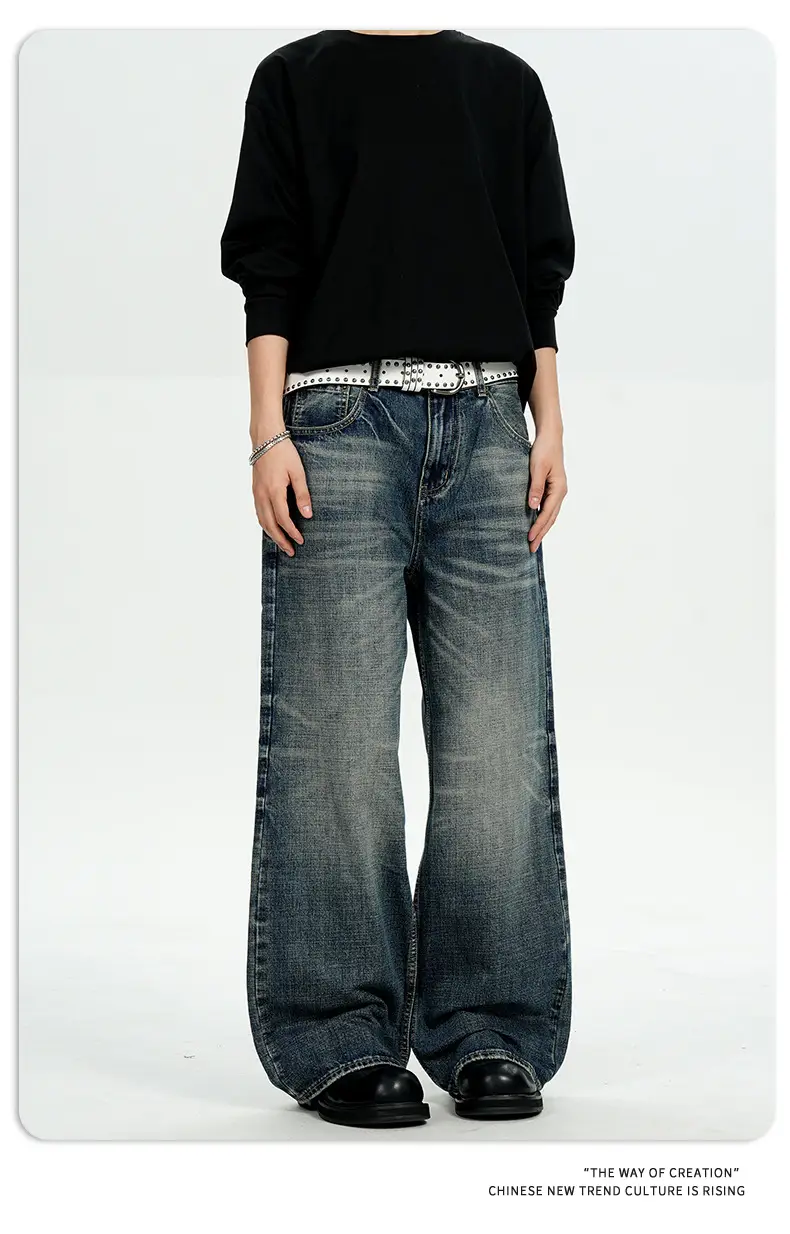 11Kn American Retro Dark Blue Jeans for Men Women Wide Leg Casual Pants — feature 10