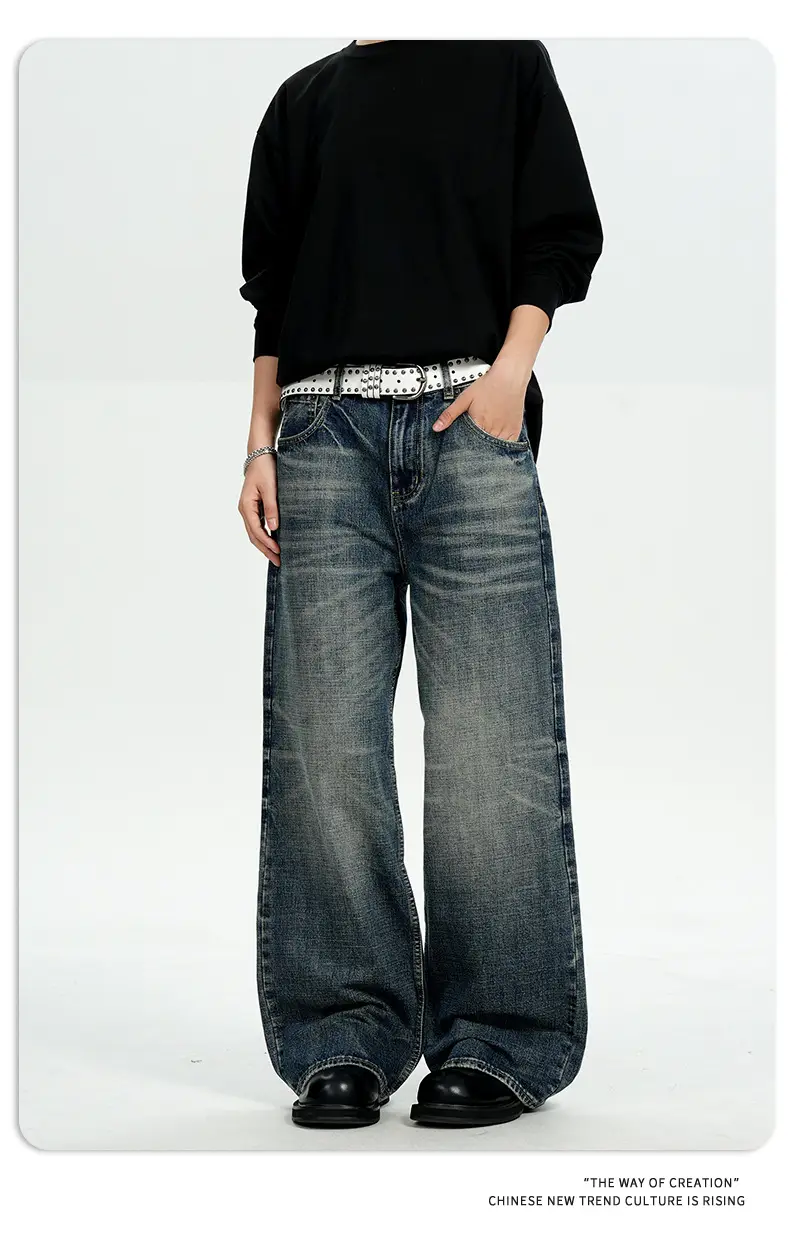 11Kn American Retro Dark Blue Jeans for Men Women Wide Leg Casual Pants — feature 11