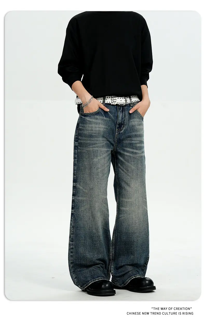 11Kn American Retro Dark Blue Jeans for Men Women Wide Leg Casual Pants — feature 12