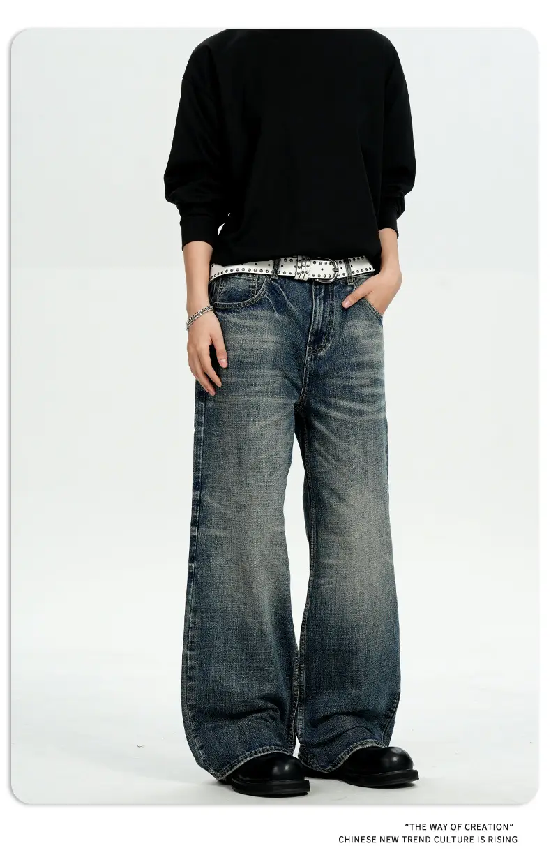 11Kn American Retro Dark Blue Jeans for Men Women Wide Leg Casual Pants — feature 14