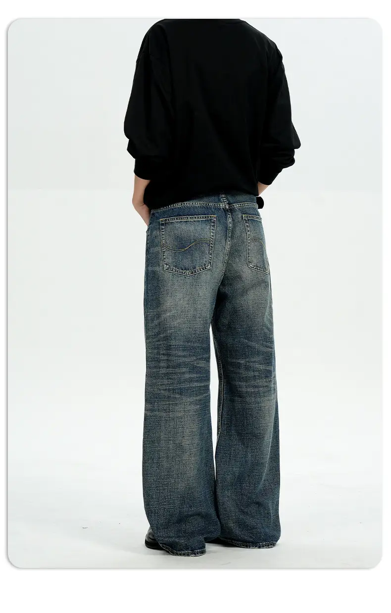 11Kn American Retro Dark Blue Jeans for Men Women Wide Leg Casual Pants — feature 15