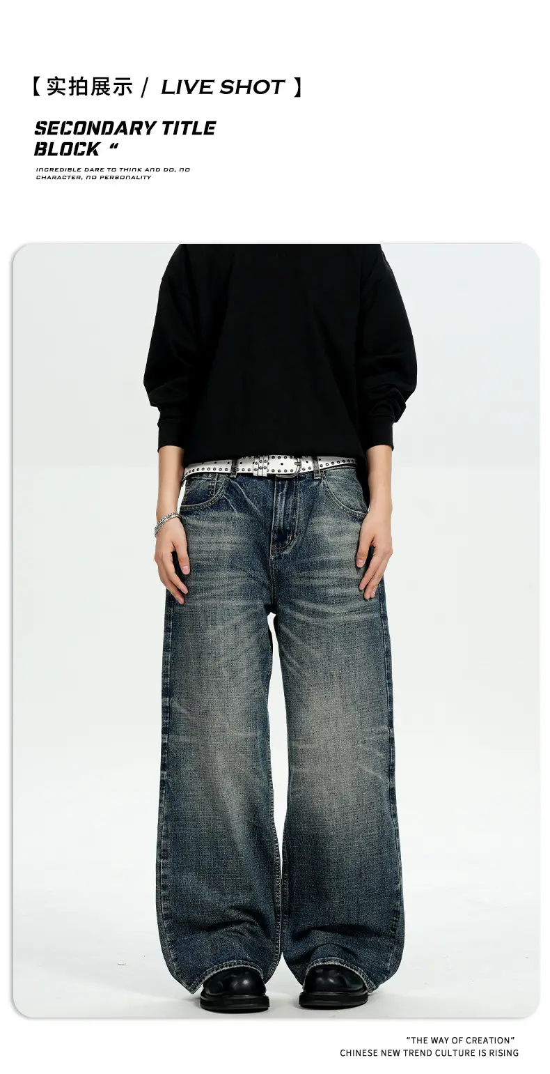 11Kn American Retro Dark Blue Jeans for Men Women Wide Leg Casual Pants — feature 8