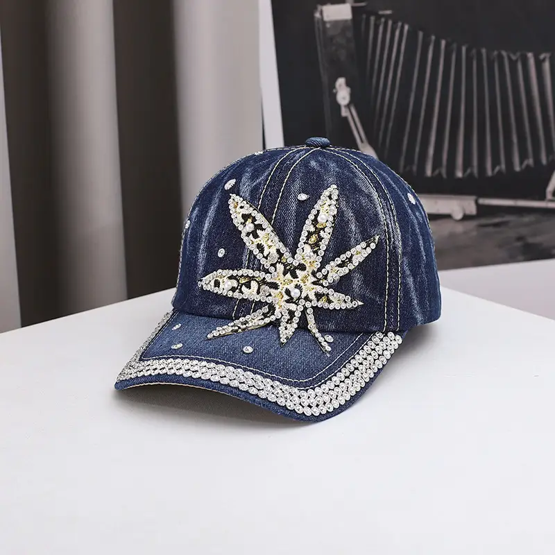 Blue Denim Baseball Cap with Rhinestone Star Design