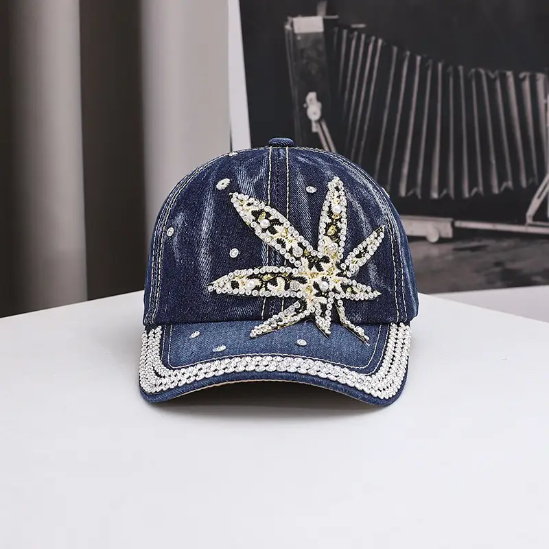 Blue Denim Baseball Cap with Rhinestone Star Design