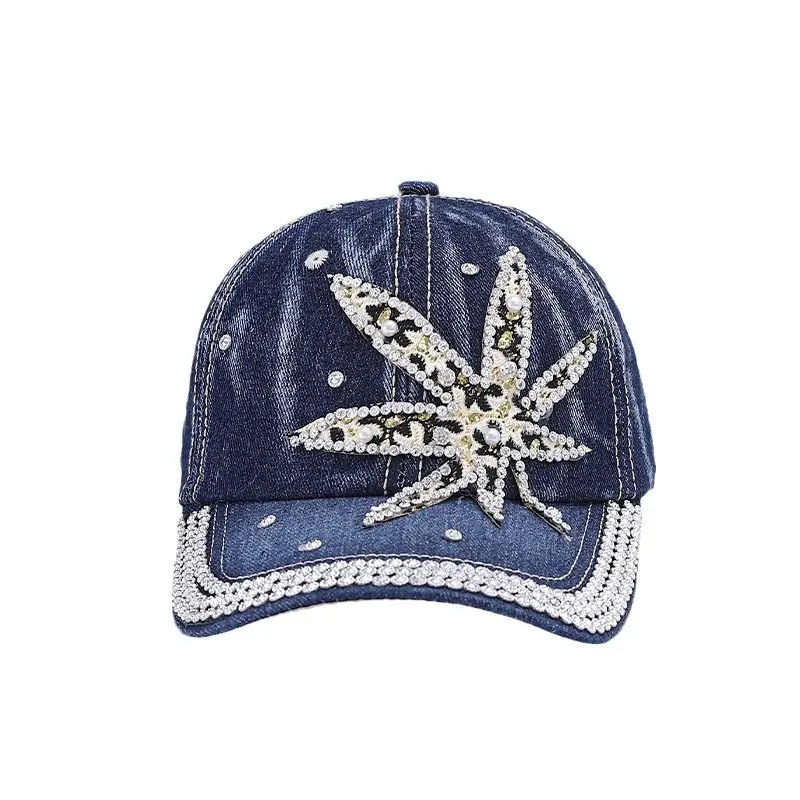 Blue Denim Baseball Cap with Rhinestone Star Design