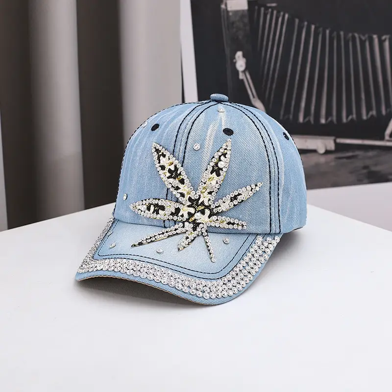 Blue Denim Baseball Cap with Rhinestone Star Design