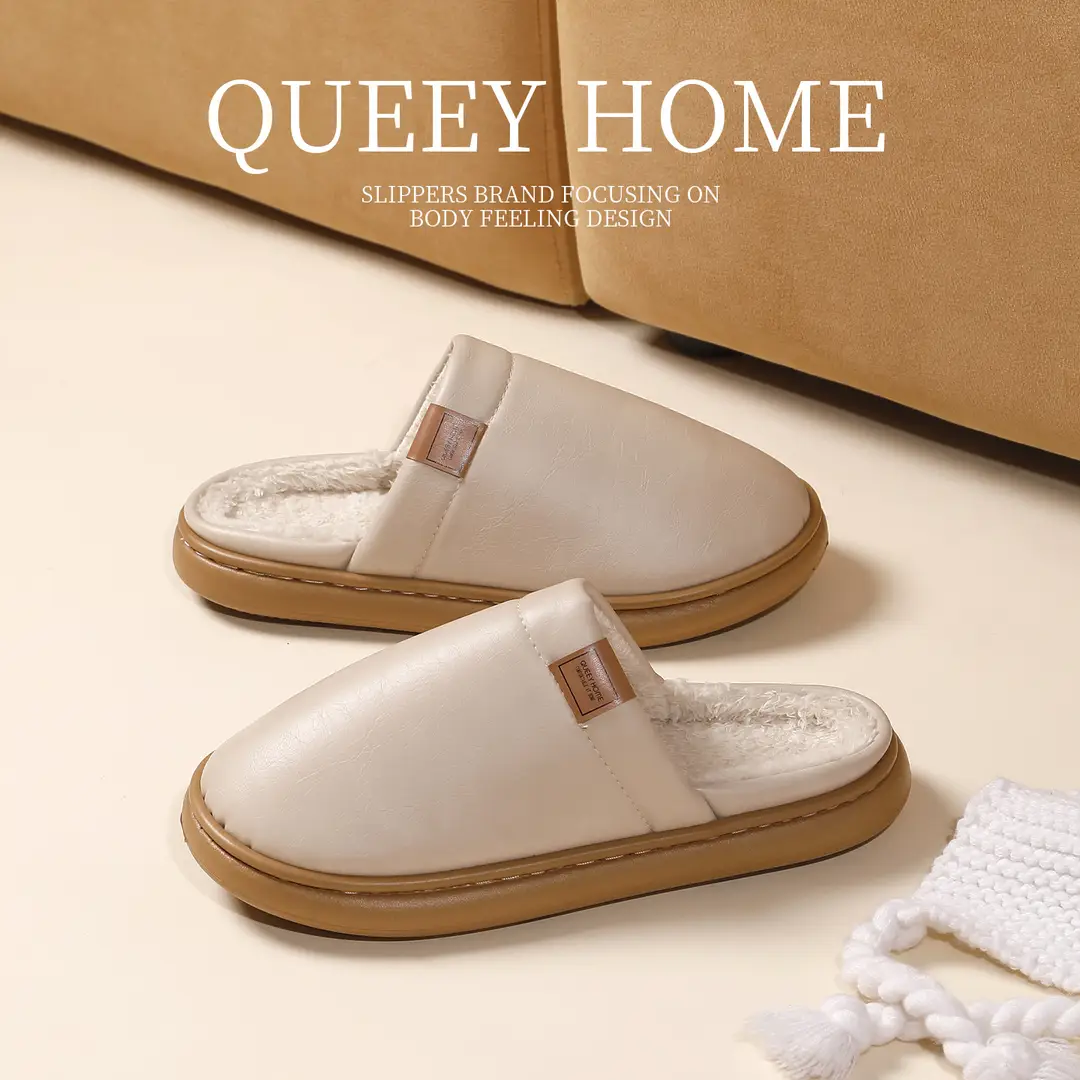 Waterproof Leather Cotton Slippers for Women in Winter Indoor Home Warm Anti-Slip Thick-Soled Fleece-Lined Toe Cotton Slippers for Men - Image 6