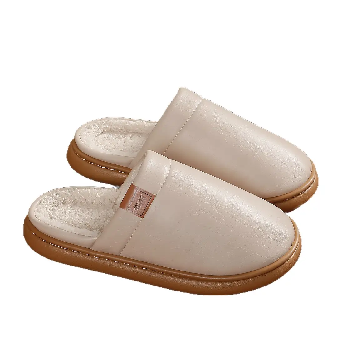 Waterproof Leather Cotton Slippers for Women in Winter Indoor Home Warm Anti-Slip Thick-Soled Fleece-Lined Toe Cotton Slippers for Men - Image 9
