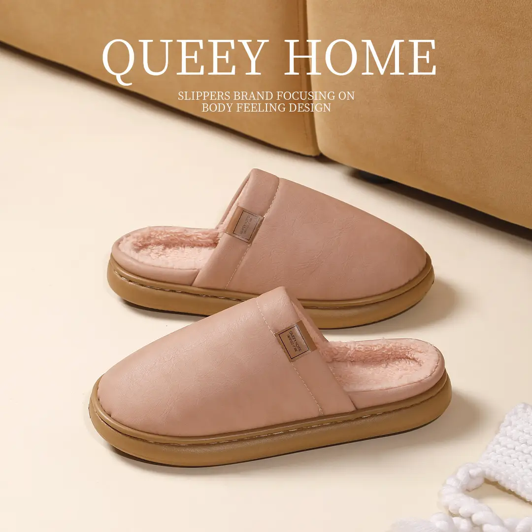 Waterproof Leather Cotton Slippers for Women in Winter Indoor Home Warm Anti-Slip Thick-Soled Fleece-Lined Toe Cotton Slippers for Men