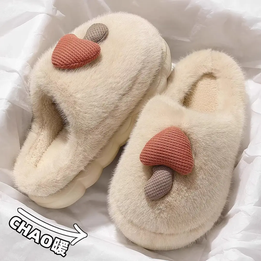 Thick-Soled Cotton Slippers for Women in Winter, Cute Mushroom Indoor Home Non-Slip Plush Warm Toe-Toe Slippers for Men - Image 6