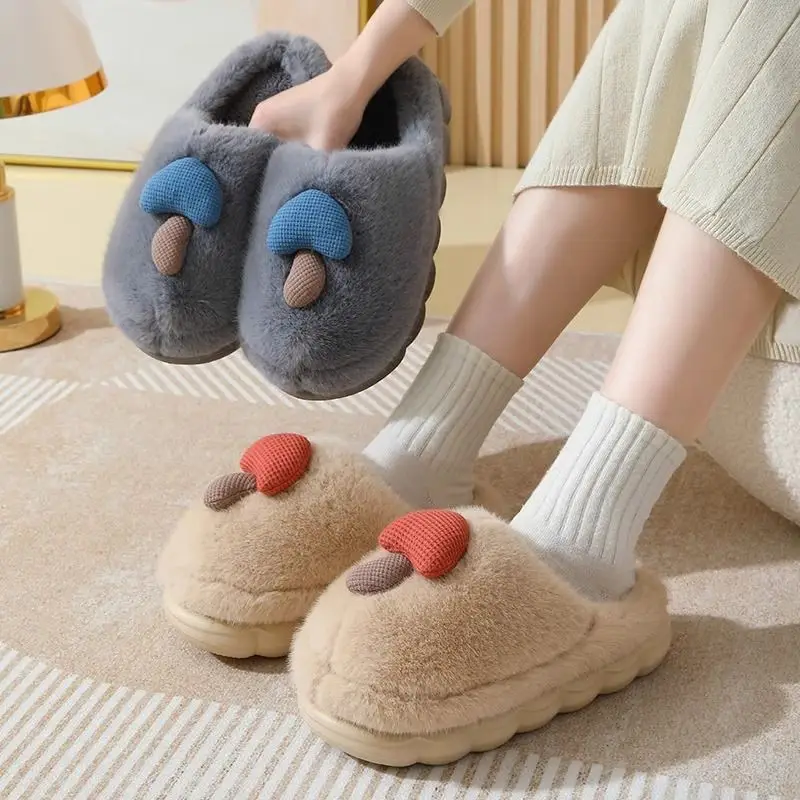 Thick-Soled Cotton Slippers for Women in Winter, Cute Mushroom Indoor Home Non-Slip Plush Warm Toe-Toe Slippers for Men - Image 10