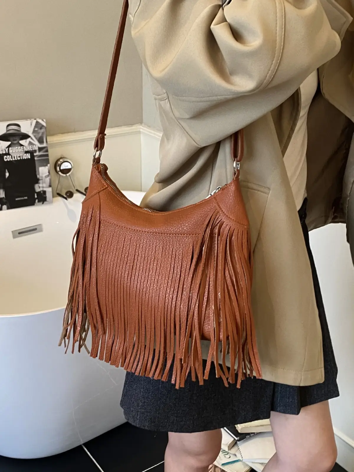Women Crossbody Tassel Bag Brown Leather Large Capacity - Image 7