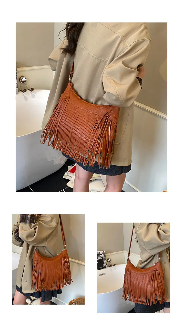 Women Crossbody Tassel Bag Brown Leather Large Capacity — feature 17