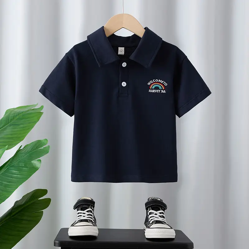Children's White Cotton Polo Shirt Summer Lapel Baby Embroidered Top - Image 2