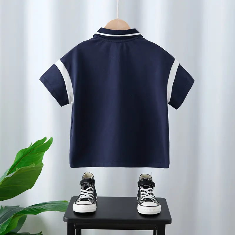 Boy's Navy Polo T-Shirt with White Cross Print - Image 2