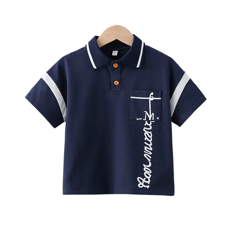 Boy's Navy Polo T-Shirt with White Cross Print - Image 5