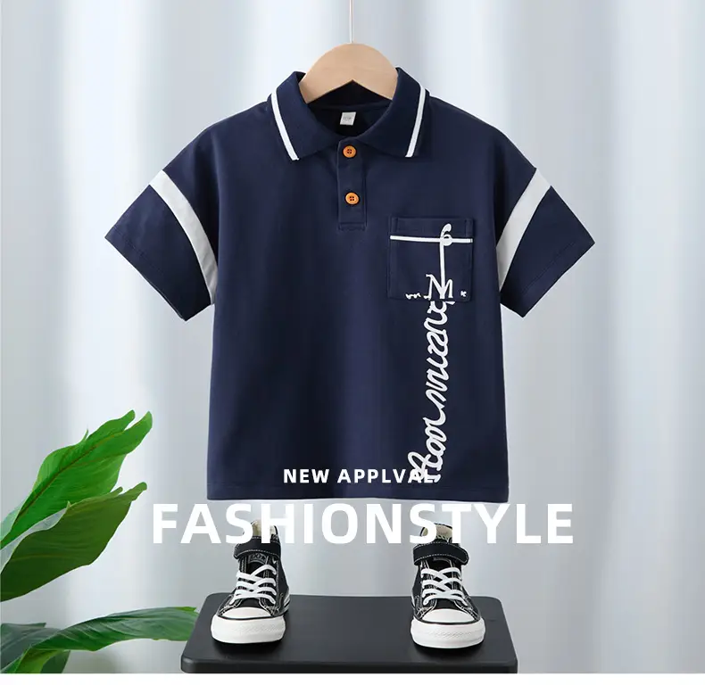 Boy's Navy Polo T-Shirt with White Cross Print — feature 1