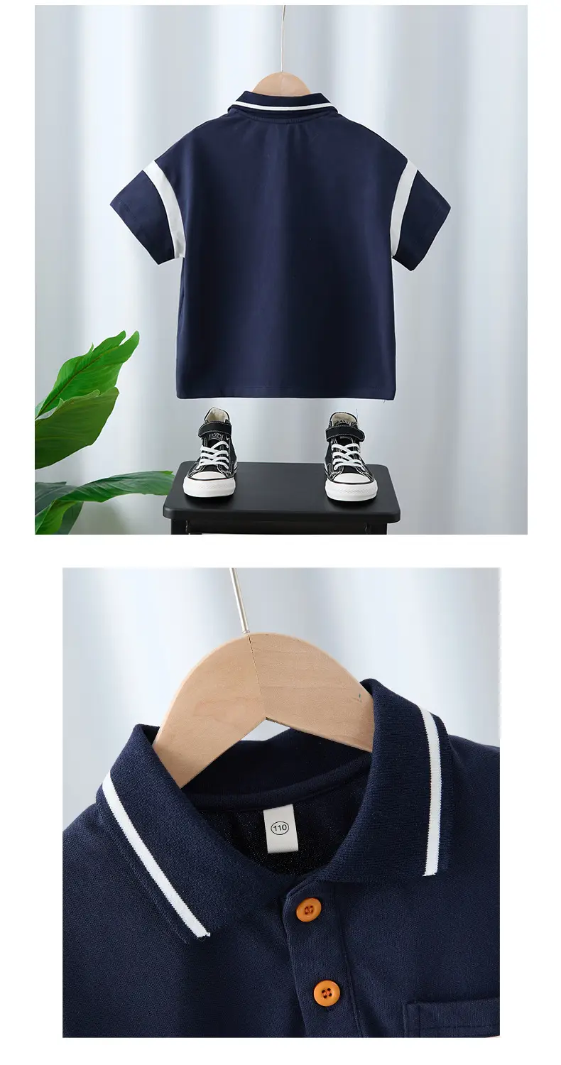 Boy's Navy Polo T-Shirt with White Cross Print — feature 4