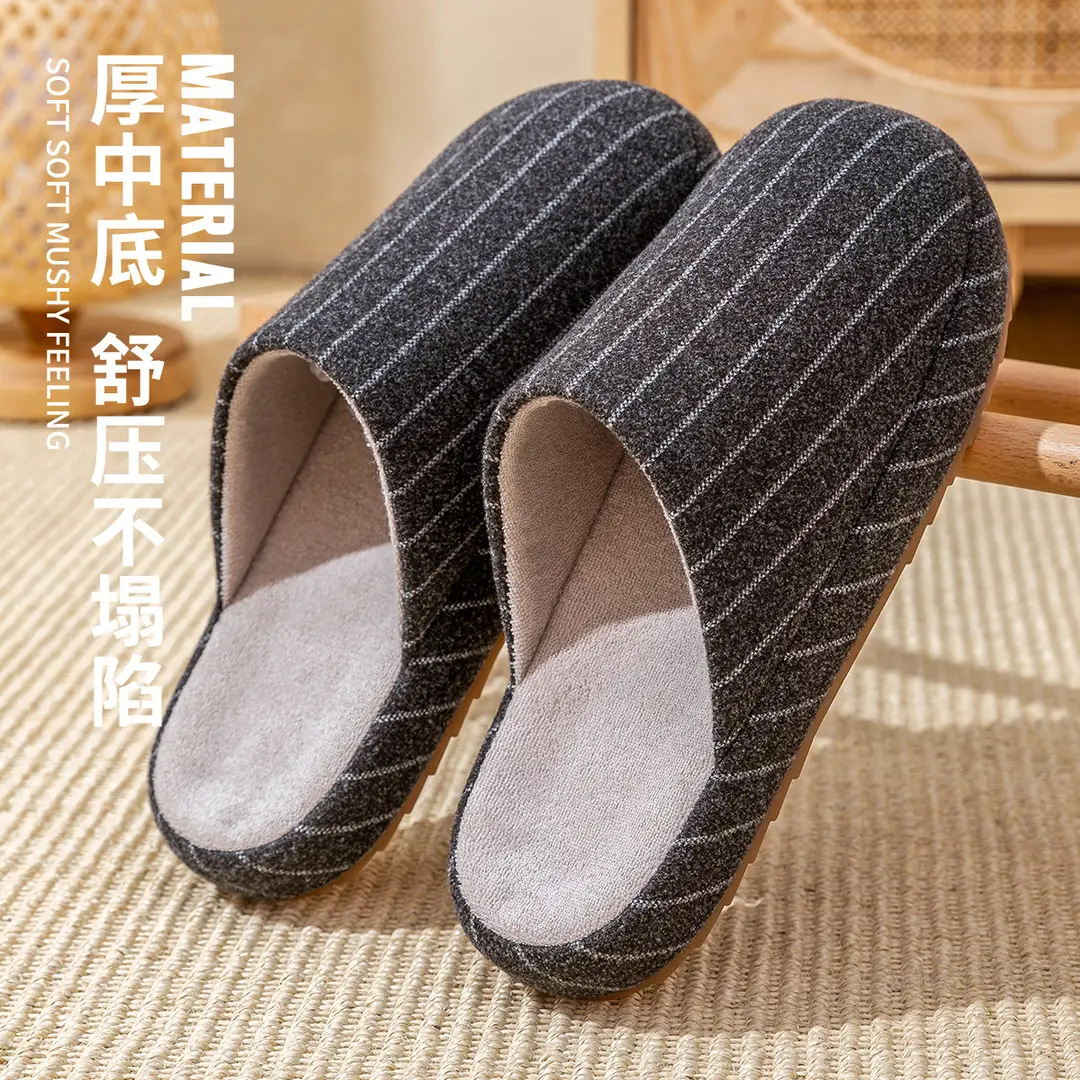 Striped Cotton Slippers for Men's Home Autumn and Winter Couples Indoor Warm Thick-Soled Non-Slip Outer Wear Winter Baotou Cotton Slippers for Women - Image 8