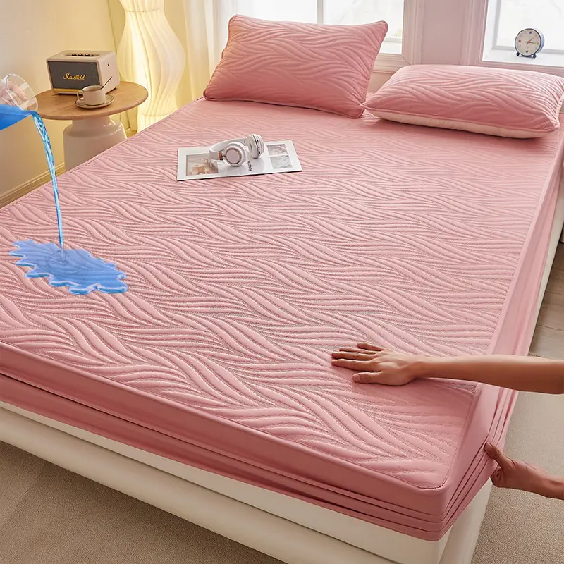 Foreign Trade Class a Washed Cotton Quilted Waterproof Fitted Sheet, Urine Barrier Bed Cover, Mattress Protector, Breathable, Fully Enclosed, Machine Washable Fitted Sheet