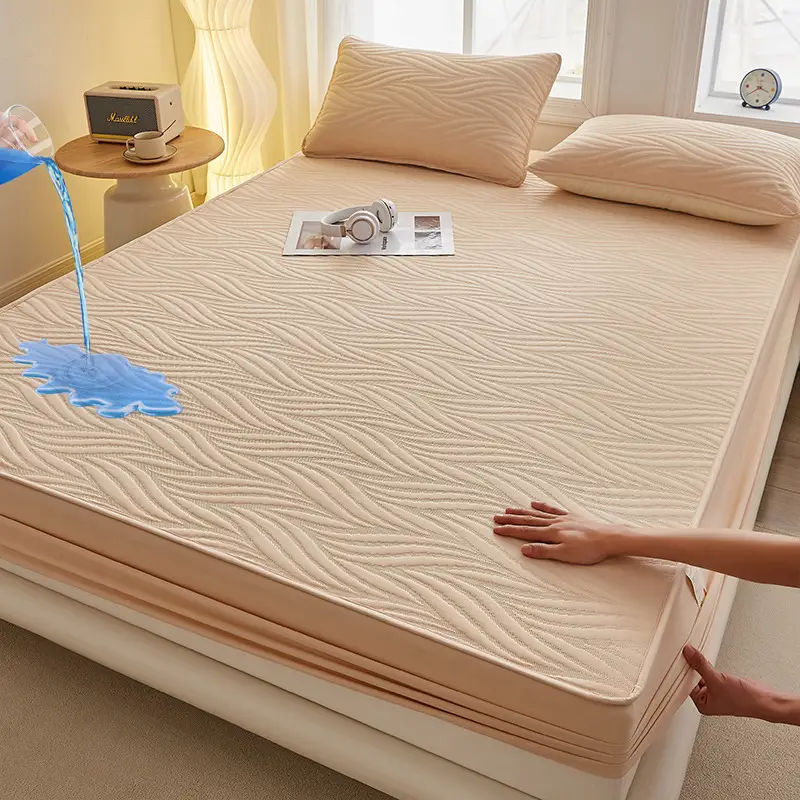 Foreign Trade Class a Washed Cotton Quilted Waterproof Fitted Sheet, Urine Barrier Bed Cover, Mattress Protector, Breathable, Fully Enclosed, Machine Washable Fitted Sheet