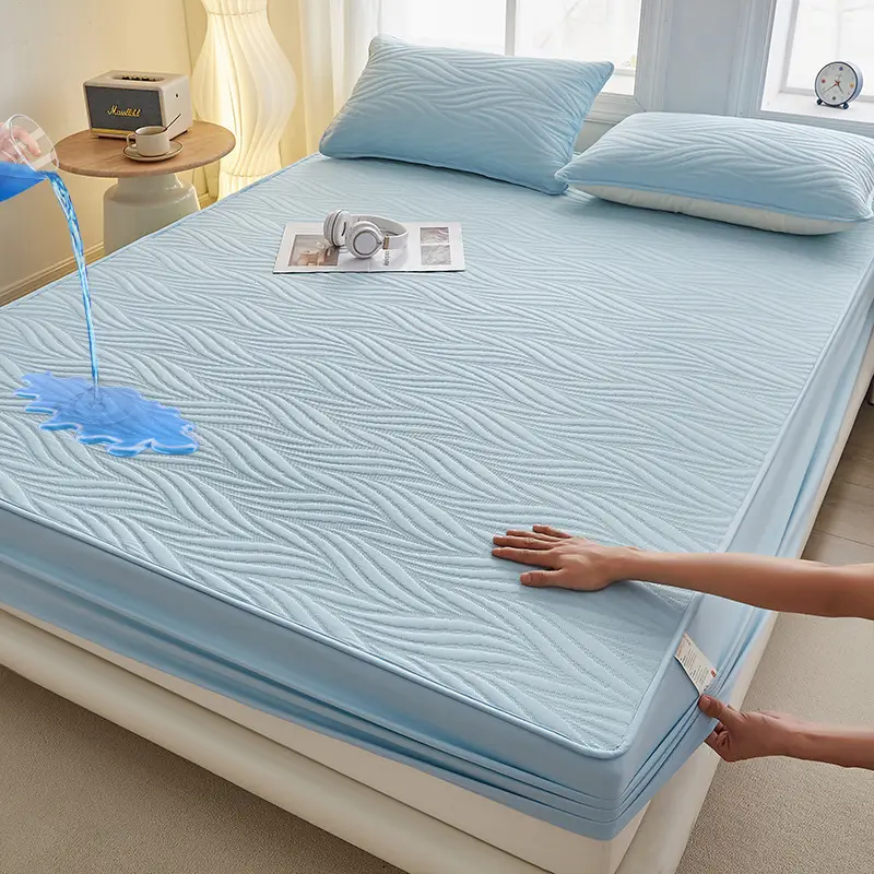 Foreign Trade Class a Washed Cotton Quilted Waterproof Fitted Sheet, Urine Barrier Bed Cover, Mattress Protector, Breathable, Fully Enclosed, Machine Washable Fitted Sheet