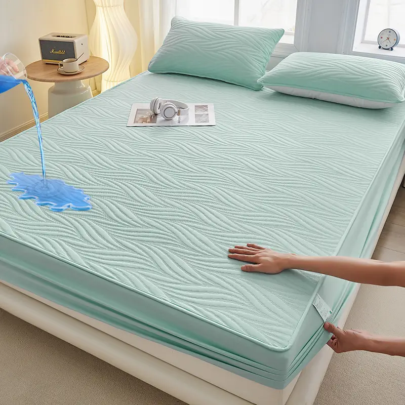 Foreign Trade Class a Washed Cotton Quilted Waterproof Fitted Sheet, Urine Barrier Bed Cover, Mattress Protector, Breathable, Fully Enclosed, Machine Washable Fitted Sheet