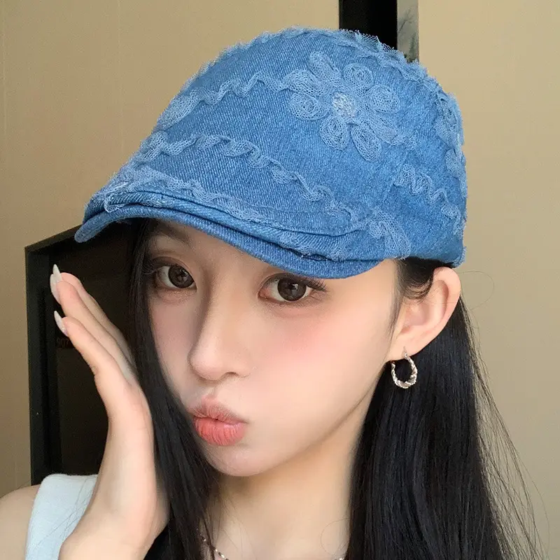 Blue Embroidered Flower Cap for Women Spring Summer Sunshade - Image 2