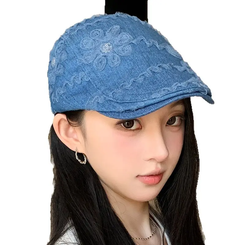 Blue Embroidered Flower Cap for Women Spring Summer Sunshade - Image 4
