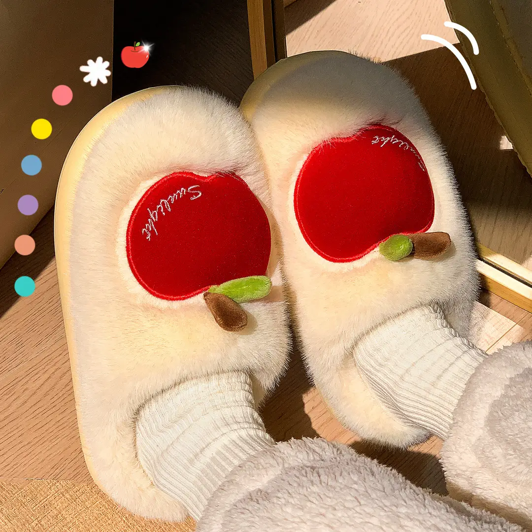 Apple Cotton Slippers for Women, Cute Home Slippers for Autumn and Winter, 2026 New Model, Fleece-Lined, Warm, Thick-Soled, Furry Slippers for Women in Winter - Image 2