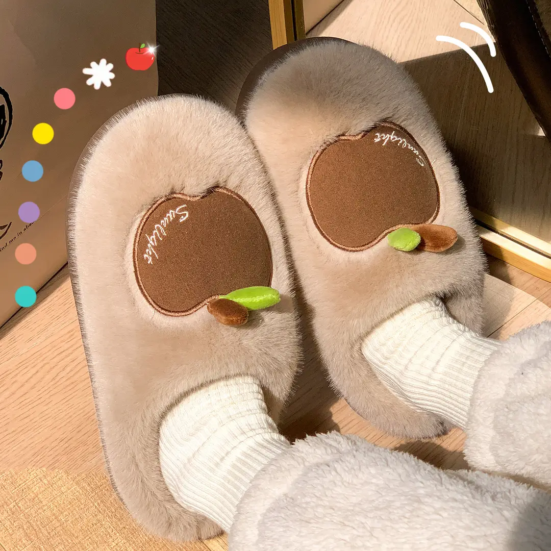 Apple Cotton Slippers for Women, Cute Home Slippers for Autumn and Winter, 2026 New Model, Fleece-Lined, Warm, Thick-Soled, Furry Slippers for Women in Winter - Image 4