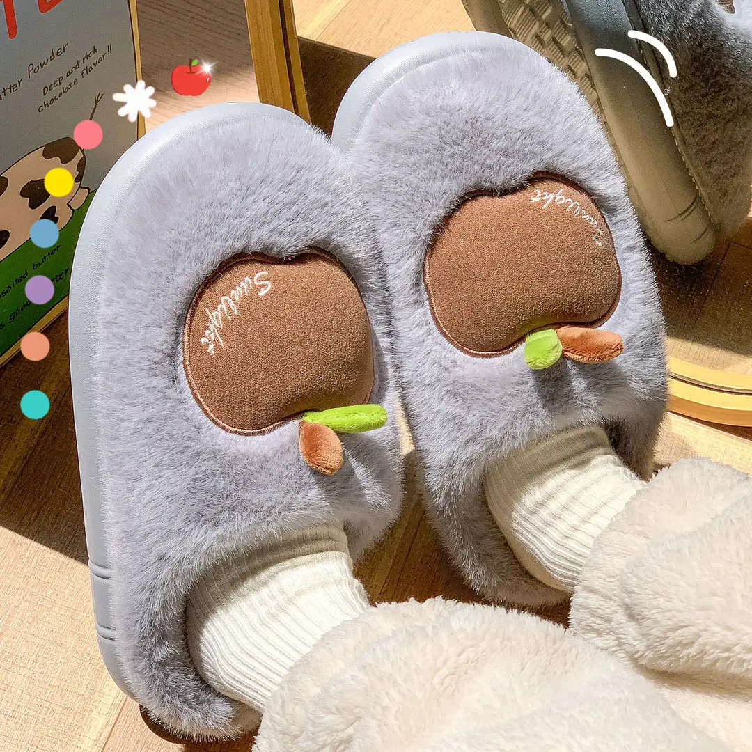 Apple Cotton Slippers for Women, Cute Home Slippers for Autumn and Winter, 2026 New Model, Fleece-Lined, Warm, Thick-Soled, Furry Slippers for Women in Winter - Image 5