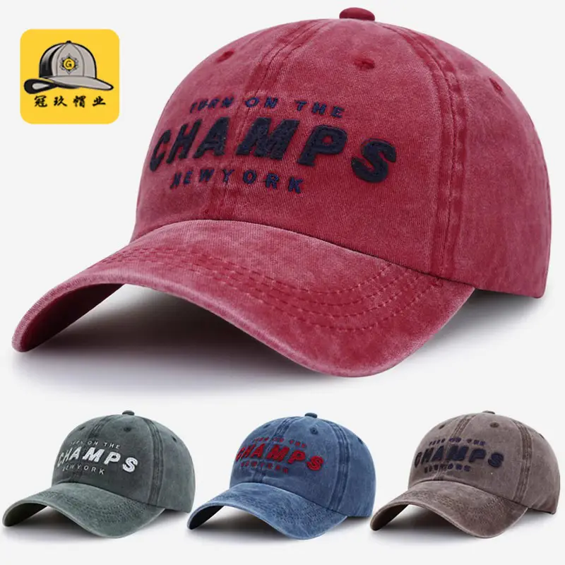 Washed Cotton Baseball Cap with "Champs New York" Embroidery