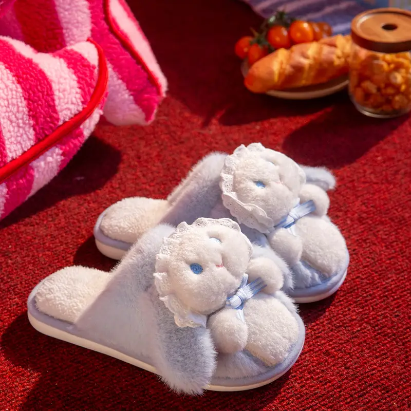 Lolita Girl Heart Cute Rabbit Bear Cotton Slippers Women's Winter Warm Non-Slip Soft Thick-Soled Indoor Plush Confinement Shoes - Image 8
