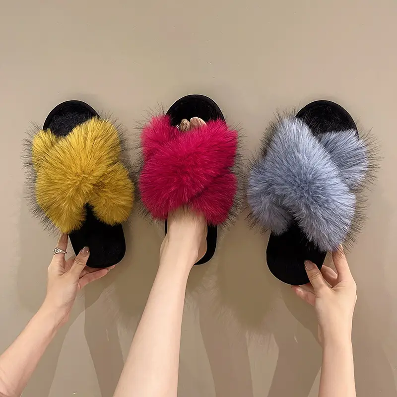 Cross-Border Winter Colorful Mink Fur Open Slippers Cross Fashion Fur Cotton Slippers Home Warm Fur Slippers for Women