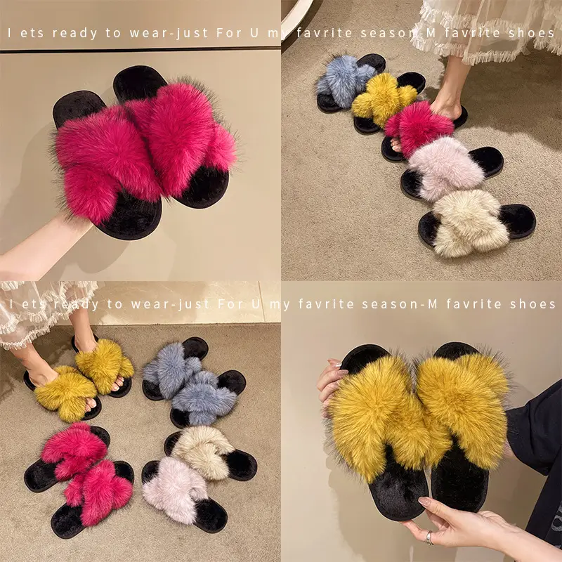 Cross-Border Winter Colorful Mink Fur Open Slippers Cross Fashion Fur Cotton Slippers Home Warm Fur Slippers for Women