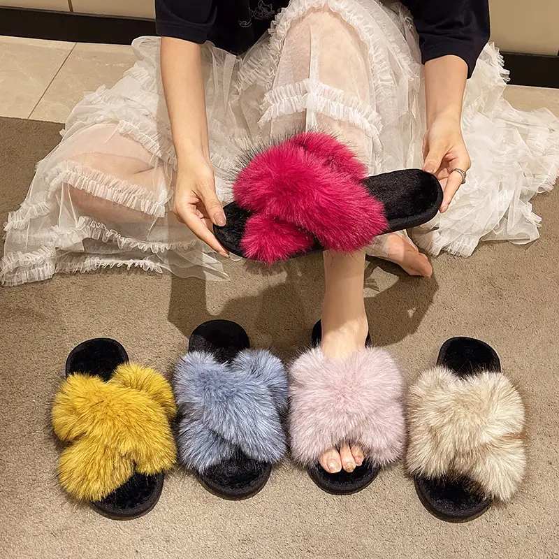 Cross-Border Winter Colorful Mink Fur Open Slippers Cross Fashion Fur Cotton Slippers Home Warm Fur Slippers for Women