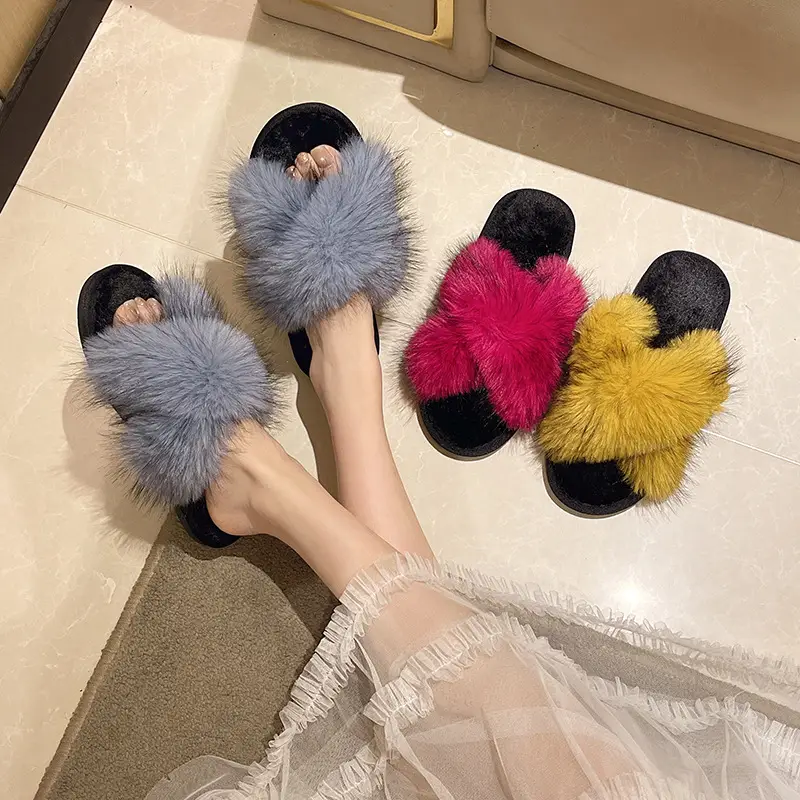Cross-Border Winter Colorful Mink Fur Open Slippers Cross Fashion Fur Cotton Slippers Home Warm Fur Slippers for Women