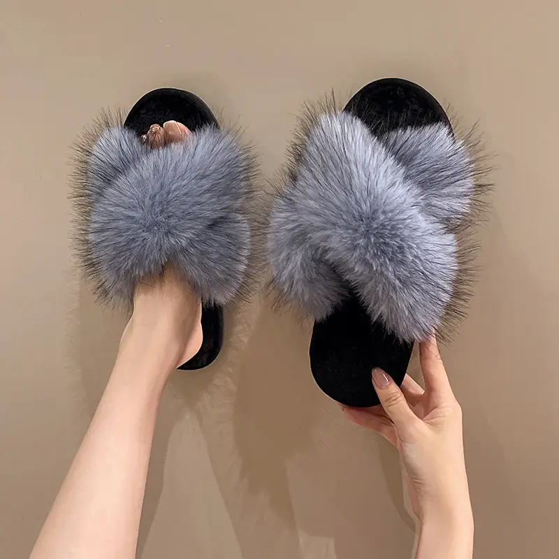 Cross-Border Winter Colorful Mink Fur Open Slippers Cross Fashion Fur Cotton Slippers Home Warm Fur Slippers for Women