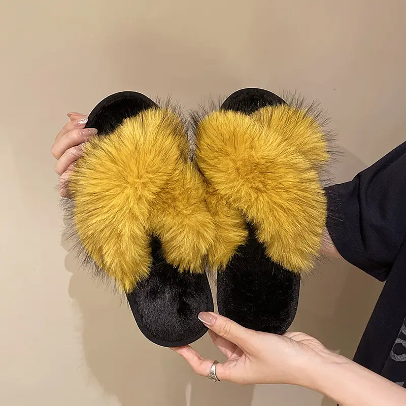 Cross-Border Winter Colorful Mink Fur Open Slippers Cross Fashion Fur Cotton Slippers Home Warm Fur Slippers for Women