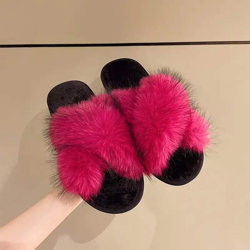 Cross-Border Winter Colorful Mink Fur Open Slippers Cross Fashion Fur Cotton Slippers Home Warm Fur Slippers for Women