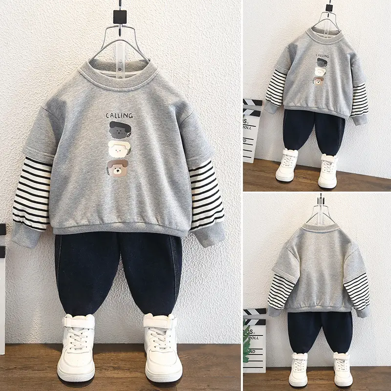 Boys Faux Sweatshirt Long Sleeve Striped Grey - Image 4