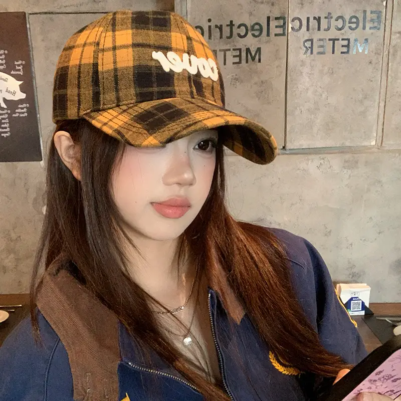 Korean Plaid Baseball Cap for Women with Wide Brim - Image 4
