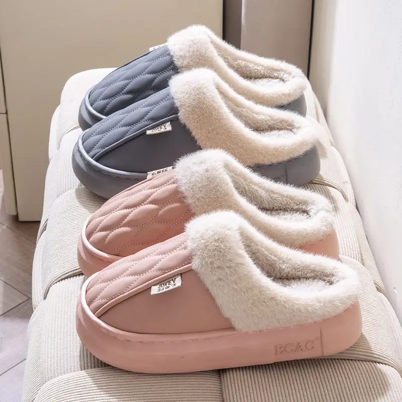Pu Waterproof Cotton Slippers for Female Couples in Winter for Home Use, Non-Slip Thick Soles and Velvet to Keep Warm, Cotton Shoes for Men in Autumn - Image 3