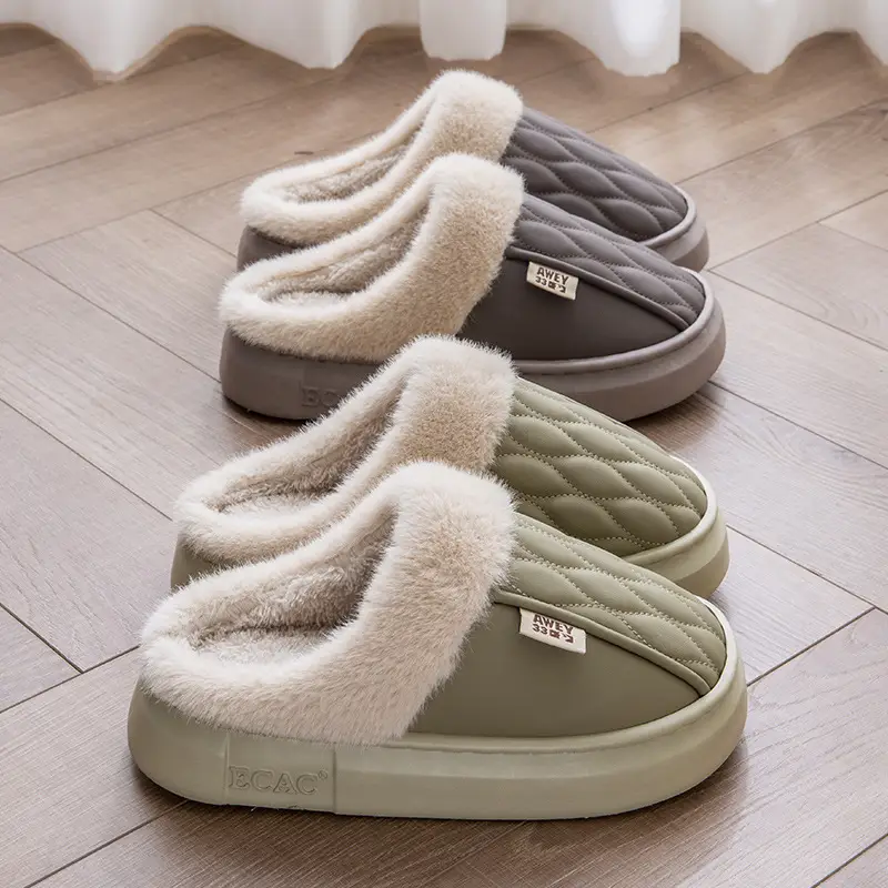 Pu Waterproof Cotton Slippers for Female Couples in Winter for Home Use, Non-Slip Thick Soles and Velvet to Keep Warm, Cotton Shoes for Men in Autumn - Image 5