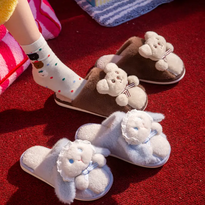 Lolita Girl Heart Cute Rabbit Bear Cotton Slippers Women's Winter Warm Non-Slip Soft Thick-Soled Indoor Plush Confinement Shoes - Image 7